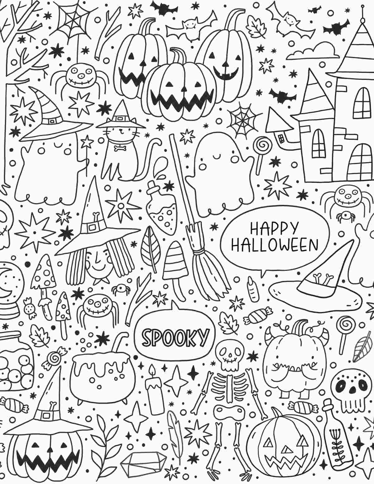 Free Halloween Coloring Page Printables A free printable Halloween coloring sheets image featuring many symbols of halloween including skeletons, ghosts, black cats, jack-o-lanterns and more!